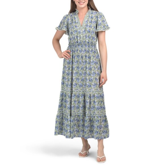 MAX STUDIO BLUE MULTI Flutter Sleeve V-neck Tiered Maxi Dress - Picture 1 of 2